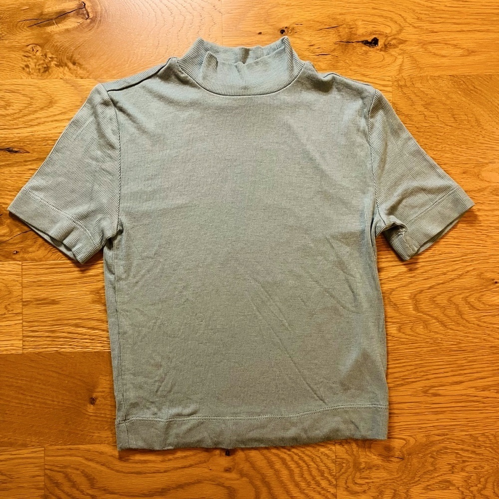 Aritzia Babaton Formarib Teal Ribbed Mockneck Short Sleeve Crop Tee